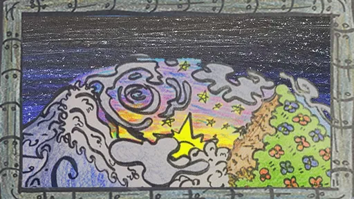Hand-drawn framed artwork: waves, clouds, flowers and a star under a night sky